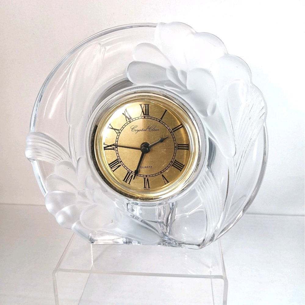 Crystal Clear Studios Desk Clock Japan Quartz Mvmt Floral Frosted Grannycore